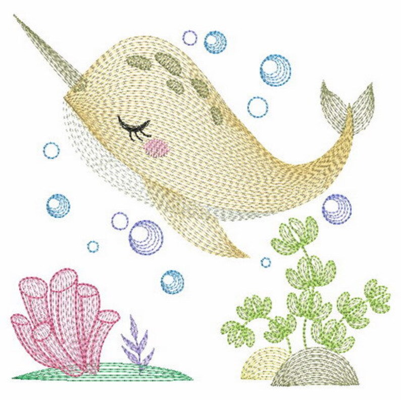 May include: A cartoon narwhal with a closed eye, a pink blush, and a yellow horn swims in the ocean with blue bubbles.  The narwhal is surrounded by green seaweed and a pink coral.