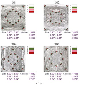May include: Four white square quilt blocks with a floral design in the center. Each block has a different design and is labeled with a number from 1 to 4. The blocks are surrounded by a white border. The image also includes a table with the size and stitch count for each block.
