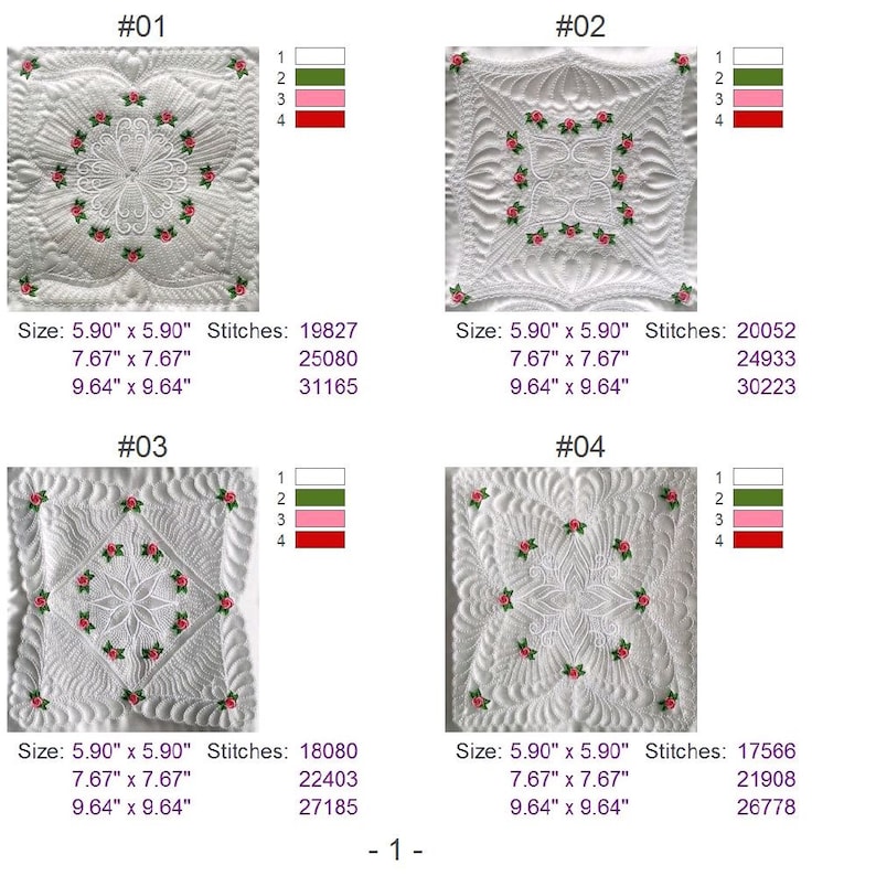 May include: Four white square quilt blocks with a floral design in the center. Each block has a different design and is labeled with a number from 1 to 4. The blocks are surrounded by a white border. The image also includes a table with the size and stitch count for each block.