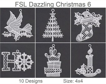 Può includere: Un set di 6 ornamenti natalizi in pizzo bianco, tra cui un uccello, un albero, una calza, una lettera H, una scatola regalo e una candela. Gli ornamenti misurano 10,16 cm x 10,16 cm e fanno parte di un set di 10 disegni. Il testo "FSL Dazzling Christmas 6" è in alto nell'immagine.