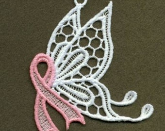 FSL Pink Ribbon Butterfly Machine Embroidery Design Free Standing Lace Instant Download 4x4 hoop