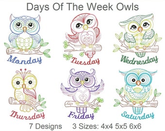 Days Of The Week Owls Machine Embroidery Designs Pack Instant Download 4x4 5x5 6x6 hoop 7 designs SHE5151