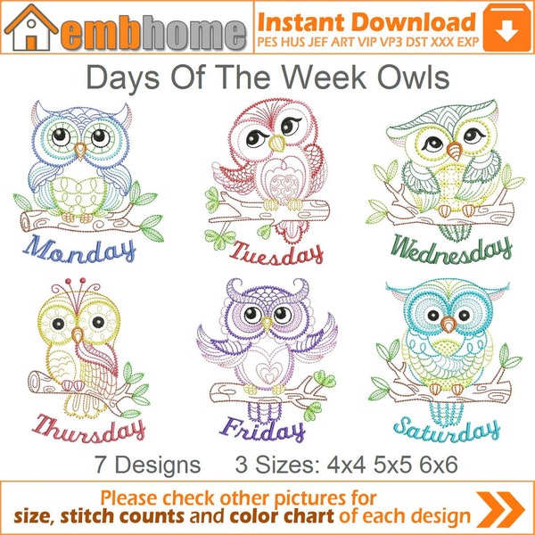 Days Of The Week Owls Machine Embroidery Designs Pack Instant Download 4x4 5x5 6x6 hoop 7 designs SHE5151