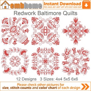 Redwork Baltimore Quilt Machine Borduurwerk Ontwerpen Instant Download 4x4 5x5 6x6 hoepel 12 ontwerpen SHE2666