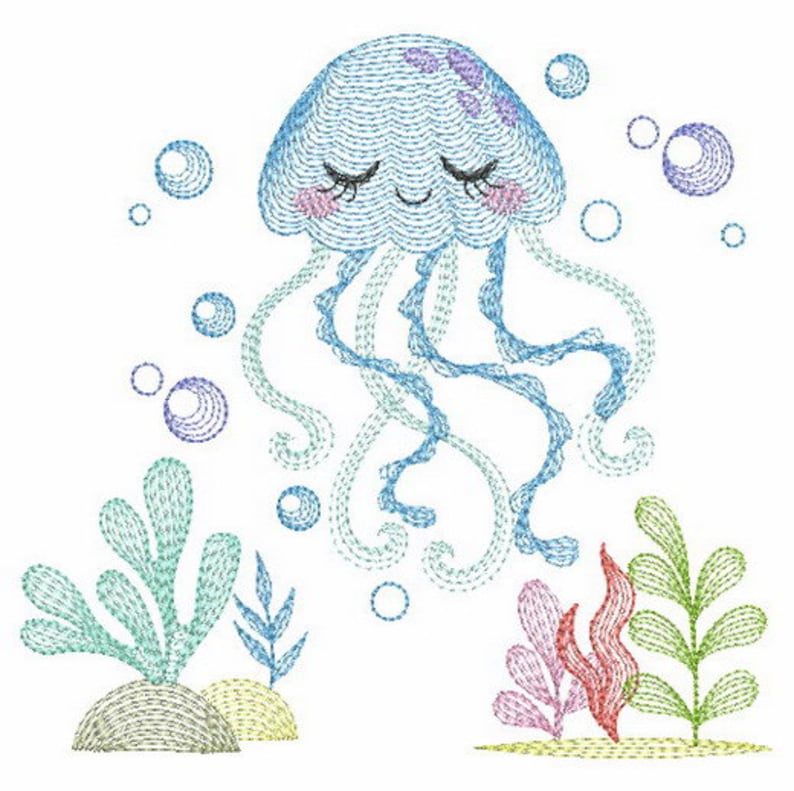 May include: A blue jellyfish with a smiling face and closed eyes, surrounded by bubbles and seaweed. The jellyfish has long, flowing tentacles.