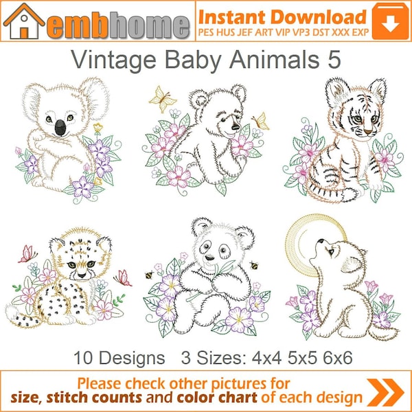 Vintage Baby Animals Machine Embroidery Designs Pack Instant Download 4x4 5x5 6x6 hoop 10 designs APE2328