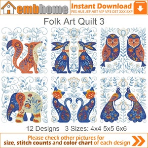 Folk Art Quilt Machine Embroidery Designs Instant Download 4x4 5x5 6x6 hoop 12 designs APE3042