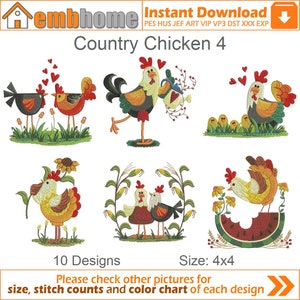Country Chicken Pack Machine Embroidery Designs Instant Download 4x4 hoop 10 designs APE2490