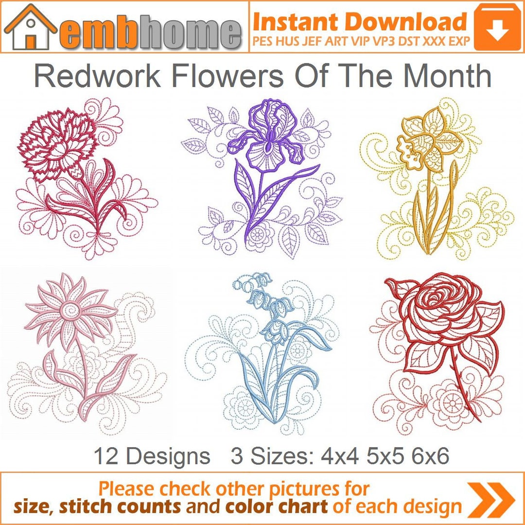 Redwork Flowers of the Month Machine Embroidery Designs Instant ...
