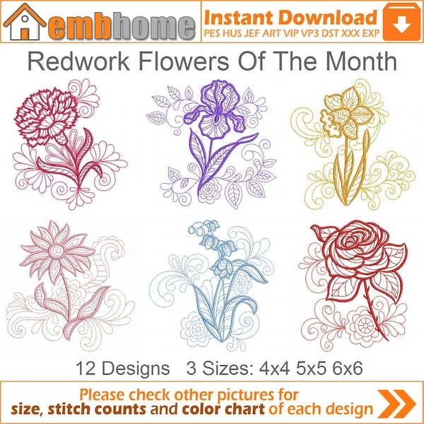 Redwork Flowers Of The Month Machine Embroidery Designs Instant Download 4x4 5x5 6x6 hoop 12 designs APE2751