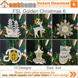 FSL Golden Christmas Free Standing Lace Christmas Ornament Machine Embroidery Designs Instant Download 4x4 hoop 10 designs APE3235