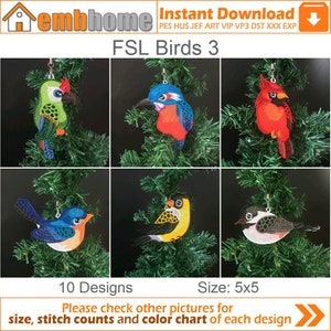 FSL Birds Free Standing Lace Christmas Ornament Machine Embroidery Designs Instant Download 5x5 hoop 10 designs APE2576