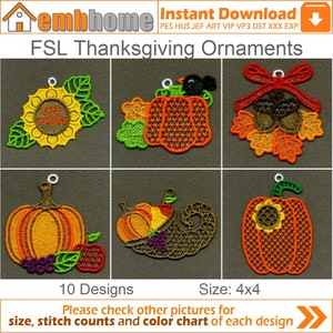 FSL Thanksgiving Ornaments Free Standing Lace Ornaments Machine Embroidery Designs Instant Download 4x4 hoop 10 designs APE2223