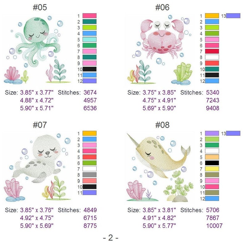 May include: Four embroidery designs featuring cute sea creatures. The designs include an octopus, a crab, a seal, and a narwhal. Each design is surrounded by bubbles and seaweed. The designs are available in three sizes: 3.85 inches by 3.77 inches, 4.88 inches by 4.72 inches, and 5.90 inches by 5.71 inches. The designs are also available in a variety of stitch counts.