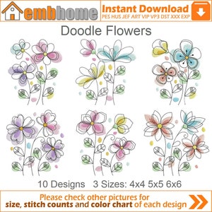 Doodle Flowers Machine Embroidery Designs Instant Download 4x4 5x5 6x6 hoop 10 designs APE2929
