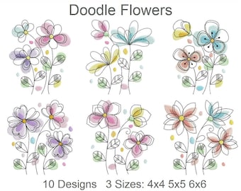Diseños de bordado a máquina de flores Doodle, descarga instantánea, bastidores de 4x4, 5x5 y 6x6, 10 diseños APE2929