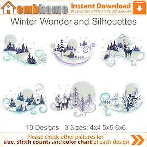 Könnte beinhalten: Zehn Stickmuster mit winterlichen Wunderland-Szenen, darunter ein Haus, Hirsche und Vögel. Die Designs sind in drei Größen erhältlich: 4x4, 5x5 und 6x6 Zoll.