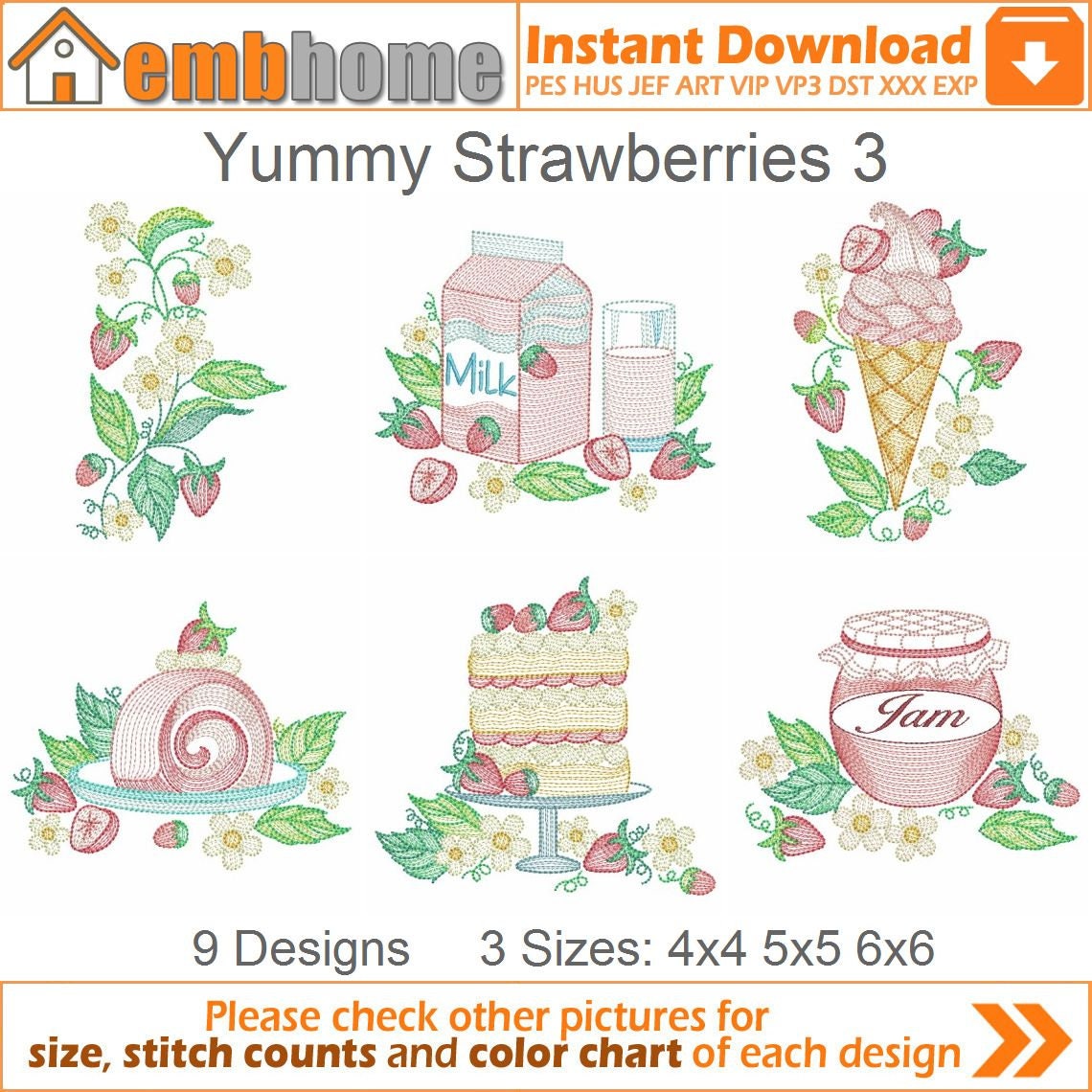 Yummy Strawberries Embroidery Designs Instant Download 4x4 5x5 6x6 hoop 9 designs APE3421