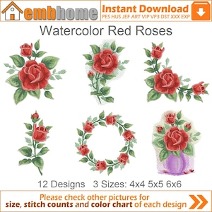 Watercolor Red Roses Quilt Heirloom Flower Floral Machine Embroidery Designs Instant Download 4x4 5x5 6x6 hoop 12 designs APE1823