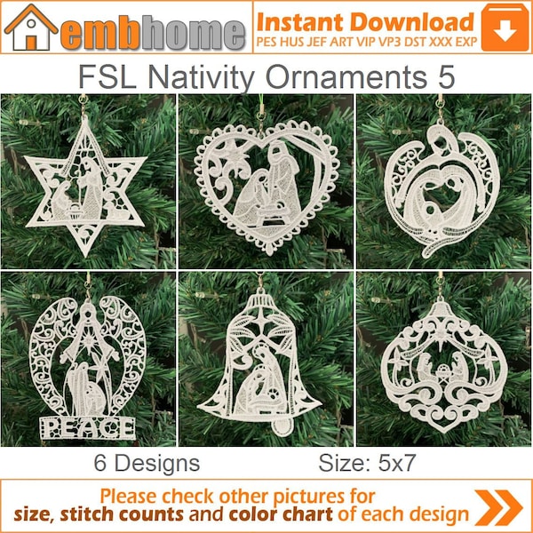 FSL Nativity Ornaments Free Standing Lace Machine Embroidery Designs Instant Download 5x7 hoop 6 designs APE3530