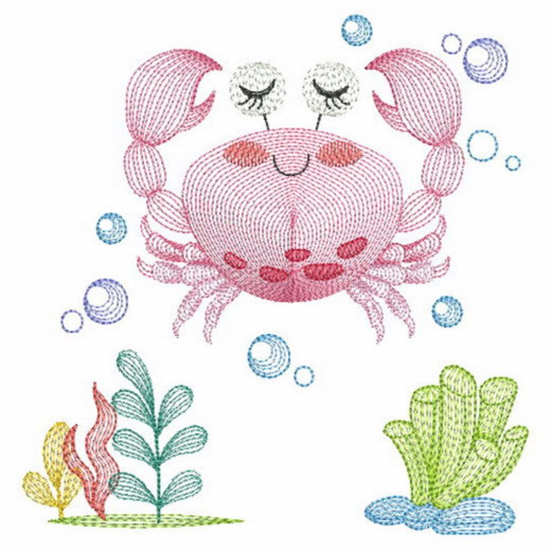 May include: A pink cartoon crab with closed eyes and a smile, surrounded by blue bubbles. There are two green seaweed plants and a green coral plant in the background.