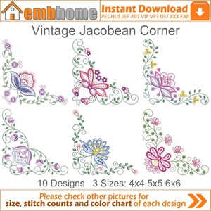 Vintage Jacobean Corner Flower Quilt Heirloom Machine Embroidery Designs Instant Download 4x4 5x5 6x6 hoop 10 designs APE1829
