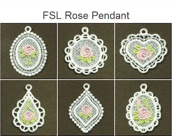 May include: A collection of white lace pendants, each featuring a pink rose with green leaves. The pendants come in various shapes, including oval, round, heart, teardrop, and diamond. The text "FSL Rose Pendant" is displayed.
