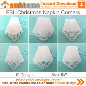 FSL Weihnachten Servietten Ecken frei stehende Spitze Maschinenstickerei Designs Instant Download 5x7 Stickrahmen 10 Designs SHE5340