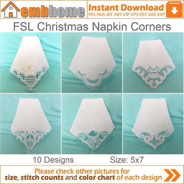 FSL Christmas Napkin Corners Free Standing Lace Machine Embroidery Designs Instant Download 5x7 hoop 10 designs SHE5340