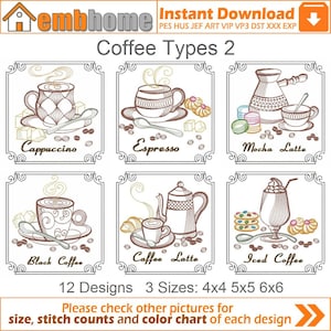 Maskinbroderimönster med kaffesorter, direkt nedladdning, 4x4, 5x5, 6x6-båge, 12 mönster SHE5396