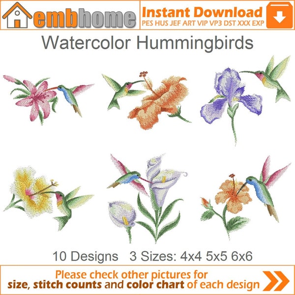 Watercolor Hummingbirds Animal Flower Heirloom Quilt Machine Embroidery Designs Pack Instant Download 4x4 5x5 6x6 hoop 10 designs APE1861