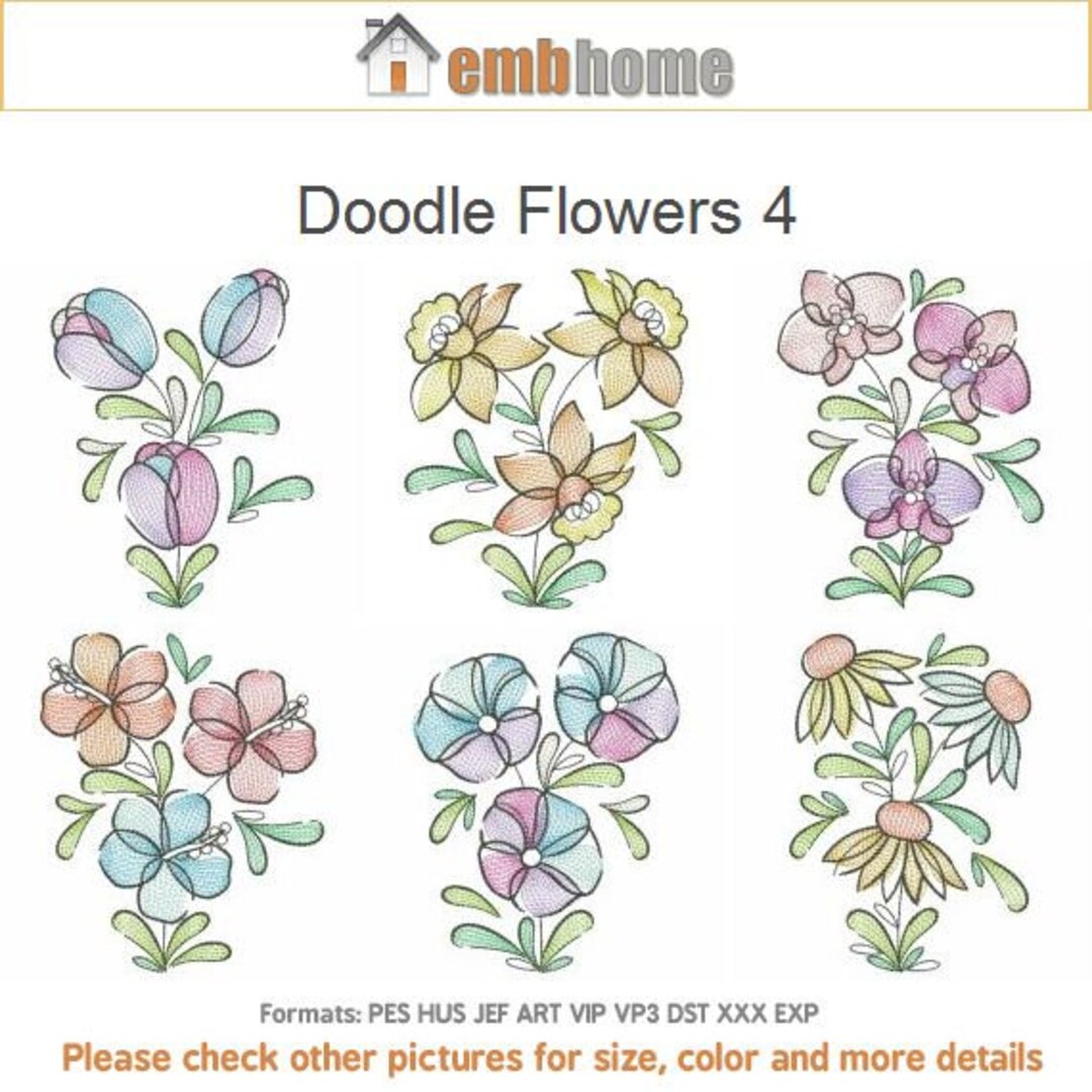 Doodle Flowers Machine Embroidery Designs Instant Download 4x4 5x5 6x6