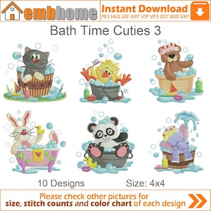 May include: Ten embroidery designs featuring cute animals taking a bath. The designs include a cat, a chick, a bear, a bunny, a panda, and an elephant. Each design is 4x4 inches in size.