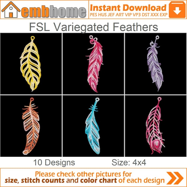 FSL Variegated Feathers Free Standing Lace Ornament Machine Embroidery Designs Instant Download 4x4 hoop 10 designs APE3098