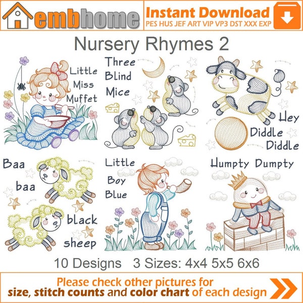 Nursery Rhymes Machine Embroidery Designs Pack Instant Download 4x4 5x5 6x6 hoop 10 designs APE3198
