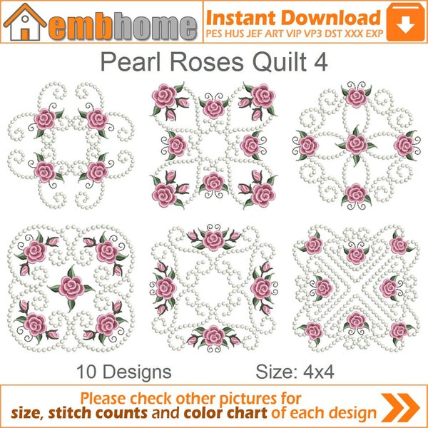 Pearl Roses Quilt Heirloom Block Machine Embroidery Designs Instant Download 4x4 5x5 6x6 hoop 10 designs APE1760