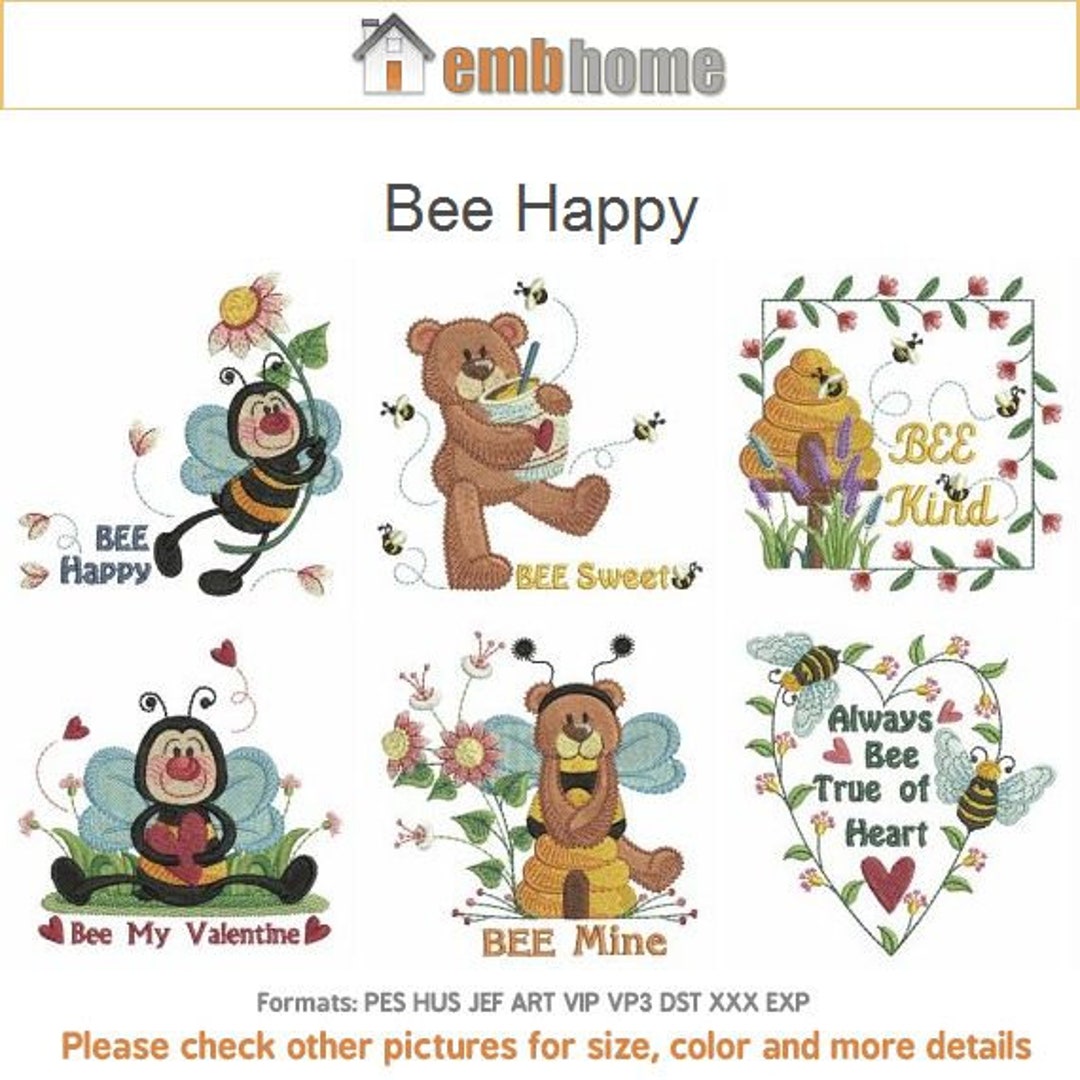 Bee Happy Machine Embroidery Designs Pack Instant Download 4x4 Etsy