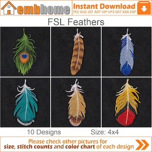 以下が含まれることがあります： 10種類の異なる色の羽根の刺繍デザイン。それぞれ4インチ×4インチ。デザインは「FSL Feathers」とラベル付けされています。