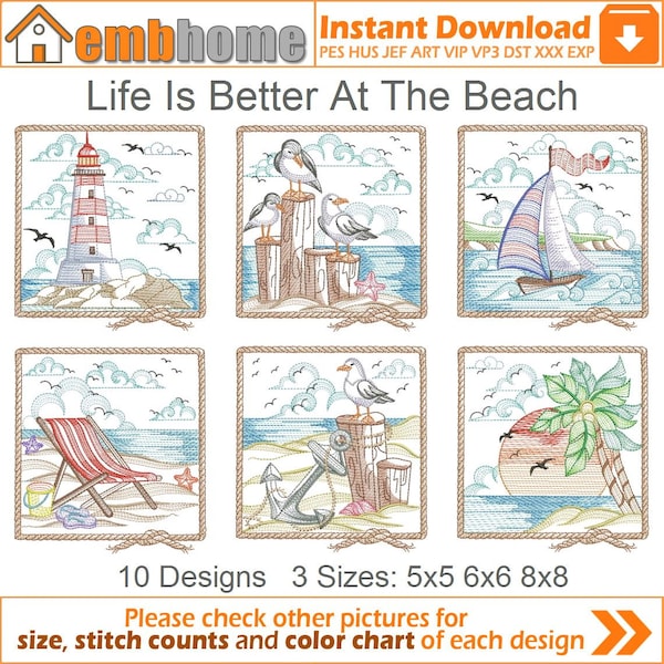 Life Is Better At The Beach Stickdatei Stickmuster Stickdatei 10x5 6x6 8x8 Stickdateien APE2773