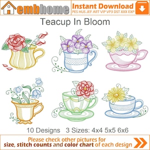 Teacup In Bloom Machine Embroidery Designs Instant Download 4x4 5x5 6x6 hoop 10 designs APE2405