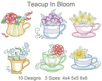 Teacup In Bloom Machine Embroidery Designs Instant Download 4x4 5x5 6x6 hoop 10 designs APE2405