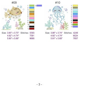 May include: Two embroidery designs for a pufferfish and a jellyfish. The pufferfish is brown with a pink mouth and is surrounded by bubbles. The jellyfish is blue with a pink face and is surrounded by bubbles. Both designs are surrounded by green and red seaweed. The designs are numbered 09 and 10. The designs are available in three sizes: 3.85 inches by 3.75 inches, 4.92 inches by 4.74 inches, and 5.90 inches by 5.68 inches.