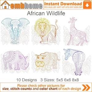 Könnte beinhalten: Ein Set mit 10 Stickmustern, die afrikanische Wildtiere zeigen, darunter einen Elefanten, einen Löwen, eine Giraffe, ein Nashorn und ein Flusspferd. Die Designs sind in drei Größen erhältlich: 5x5, 6x6 und 8x8 Zoll. Die Designs sind in verschiedenen Farben umrandet, darunter Blau, Gelb, Orange, Lila und Pink.