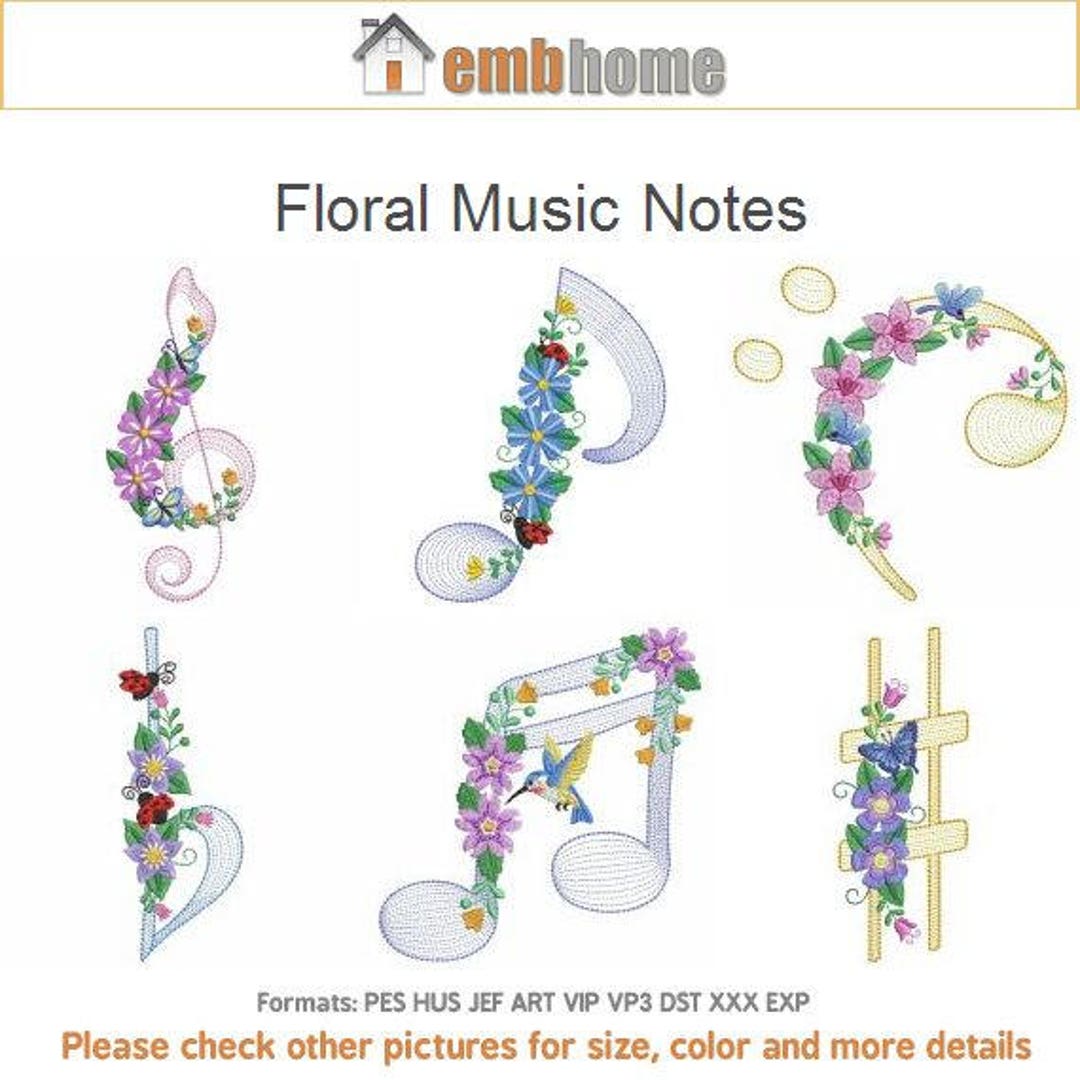 Floral Music Notes Embroidery Designs Instant Download 4x4 5x5 Etsy