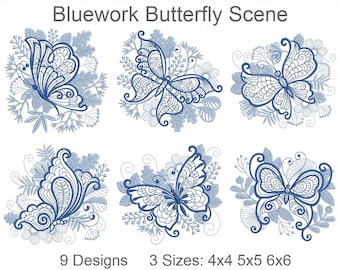 Bluework Butterfly Scene Machine Embroidery Designs Instant Download 4x4 5x5 6x6 hoop 10 designs APE3108