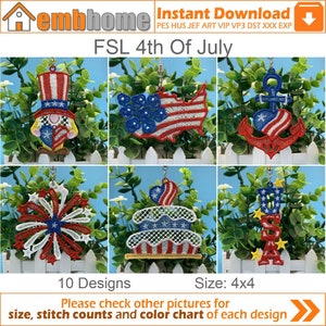 May include: Ten embroidery designs for 4x4 hoop machines, featuring patriotic themes like the American flag, fireworks, and a cake.  The designs are perfect for celebrating the 4th of July.