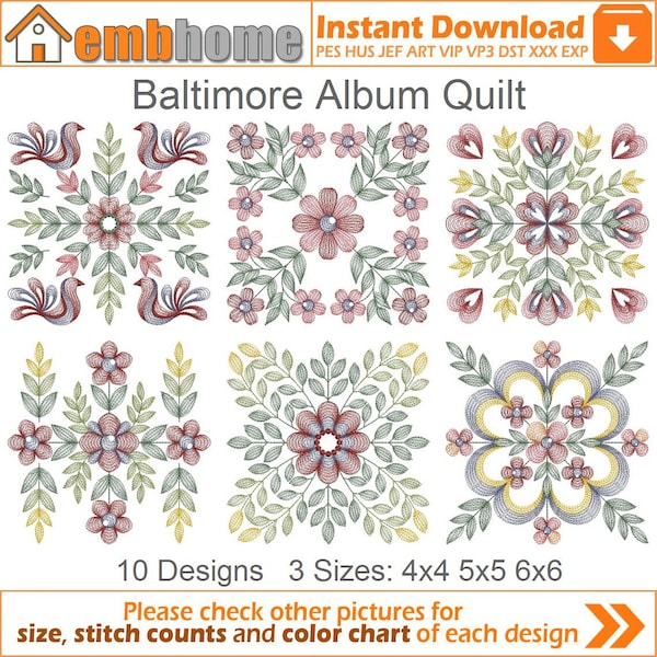 Baltimore Album Quilt Machine Embroidery Designs Téléchargement instantané 4x4 5x5 6x6 hoop 10 designs SHE5513