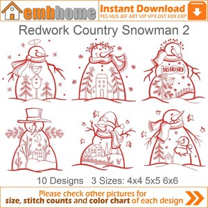 May include: Redwork embroidery designs of 10 different country snowman designs. Each snowman is in a different pose with a variety of wintery details. The designs are available in 3 sizes: 4x4, 5x5, and 6x6 inches.