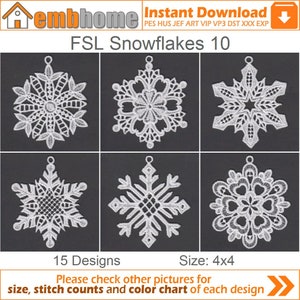 Diseños de bordado a máquina de adornos de encaje independientes con copos de nieve FSL Descarga instantánea Bastidor de 4 x 4 15 diseños APE2220