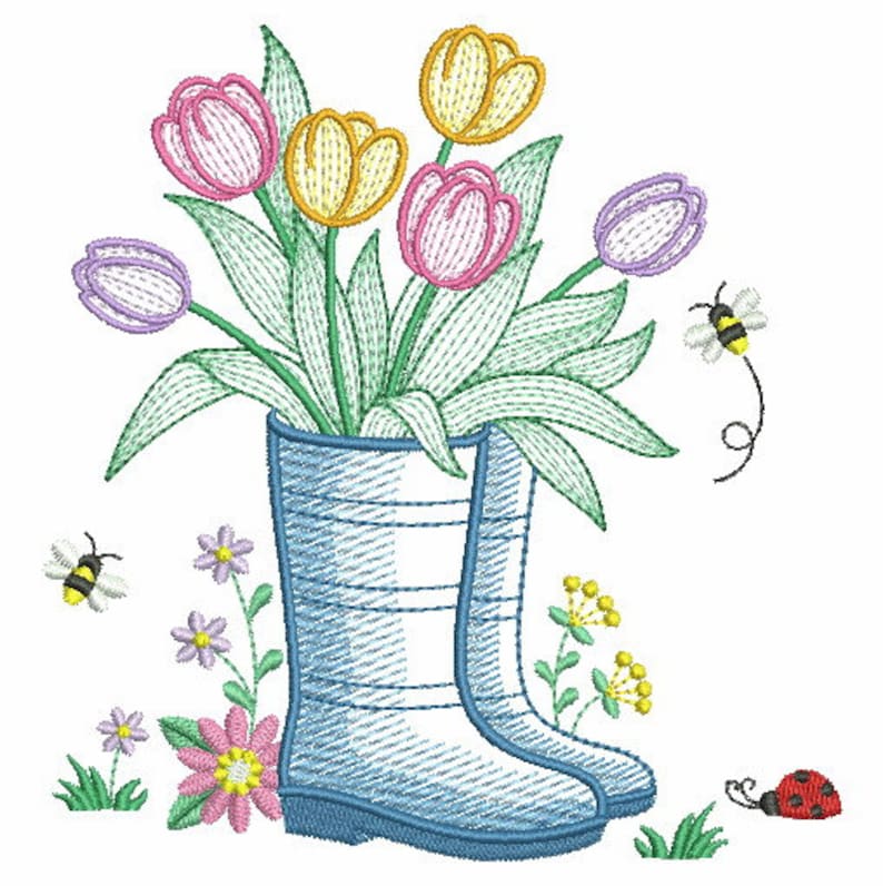 Puede incluir: Un par de botas de lluvia azules con un ramo de tulipanes rosas, amarillos y morados en su interior. Las botas est&aacute;n rodeadas de hierba verde y peque&ntilde;as flores. Tambi&eacute;n hay dos abejas y una mariquita en la imagen.